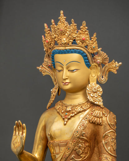 Dipankara Buddha statue detailed side close up showing lotus robe patterns and gemstone ornaments
