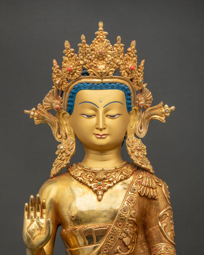 Dipankara Buddha statue regular close up showing five jeweled crown and ornate jewelry details