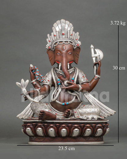 Lord Ganesh Statue with Oxidized Copper Finish and Silver-Plated Details