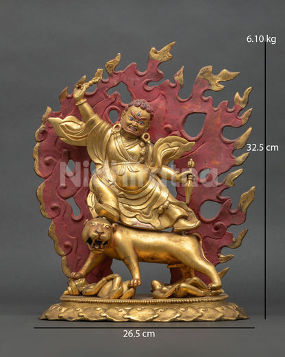Dorje Drolo copper statue front view, gold-gilded Tibetan Buddhist deity riding a tigress