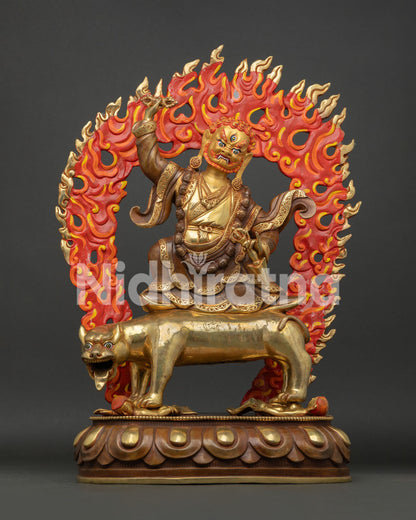 Dorje Drolo Statue Front View Handmade in Nepal Gold Fire Gilded Copper Sculpture
