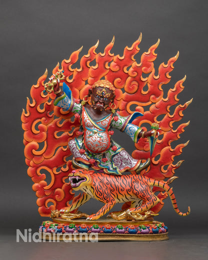 Dorje Drolo statue front view on white tigress, vibrant acrylic painted copper artwork