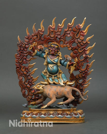 Dorje Drolo statue on white tigress handcrafted in Nepal with copper and gold gilded details