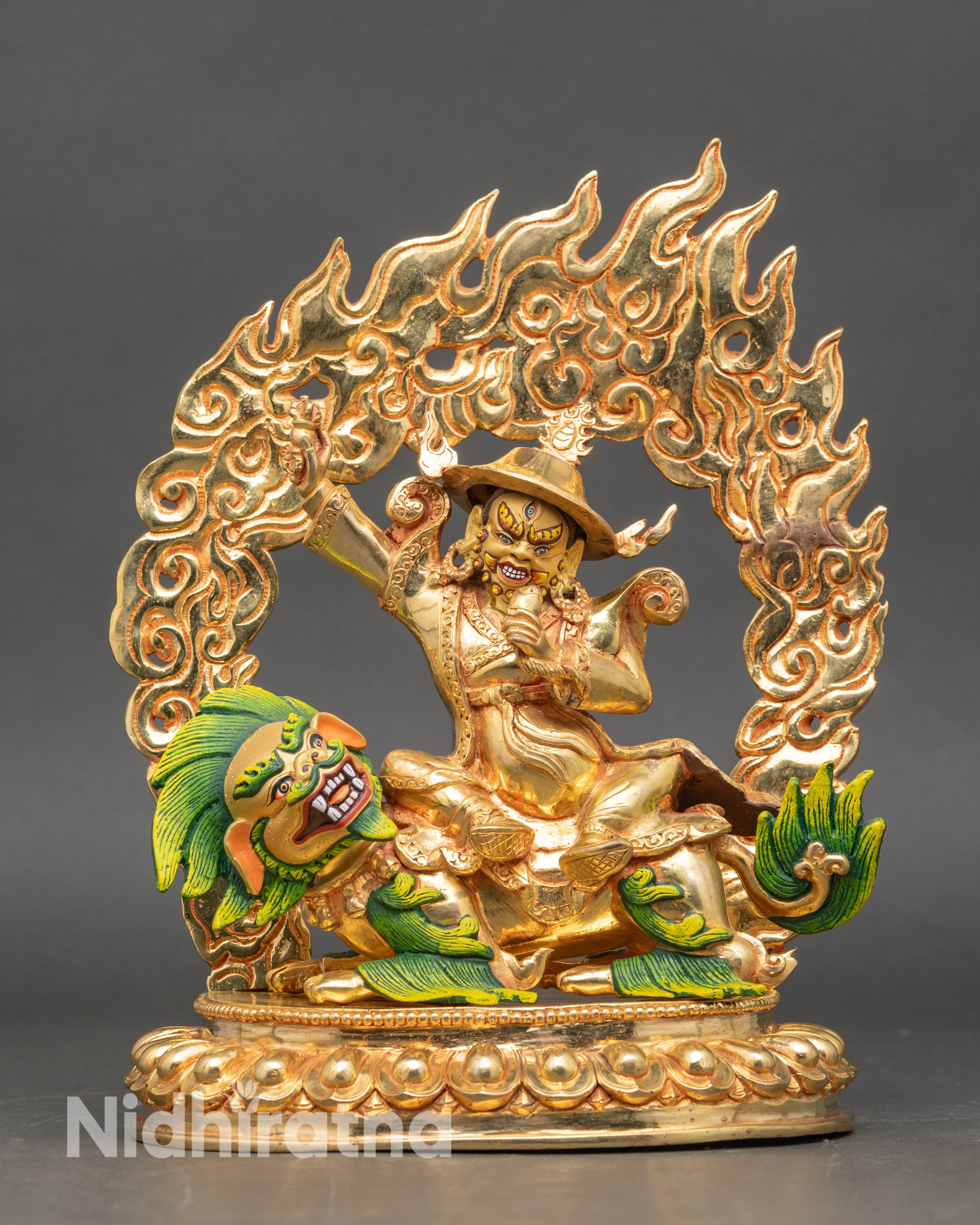 dorje-legpa-statue-front-view-gold-gilded-copper-handcrafted-himalayan-buddhist-deity