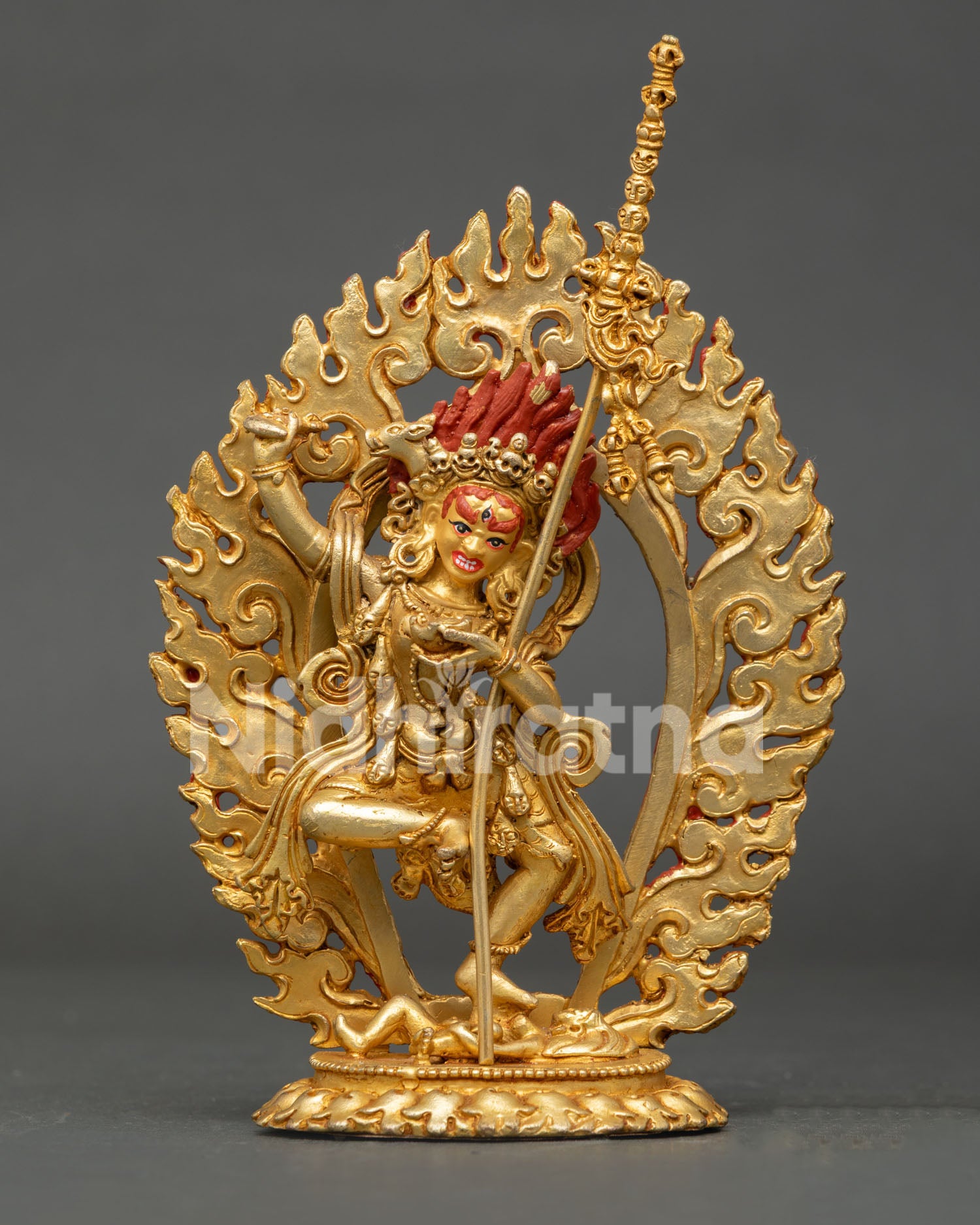 Dorje Phagmo Buddhist statue with gold painted face kartika kapala and khatvanga.