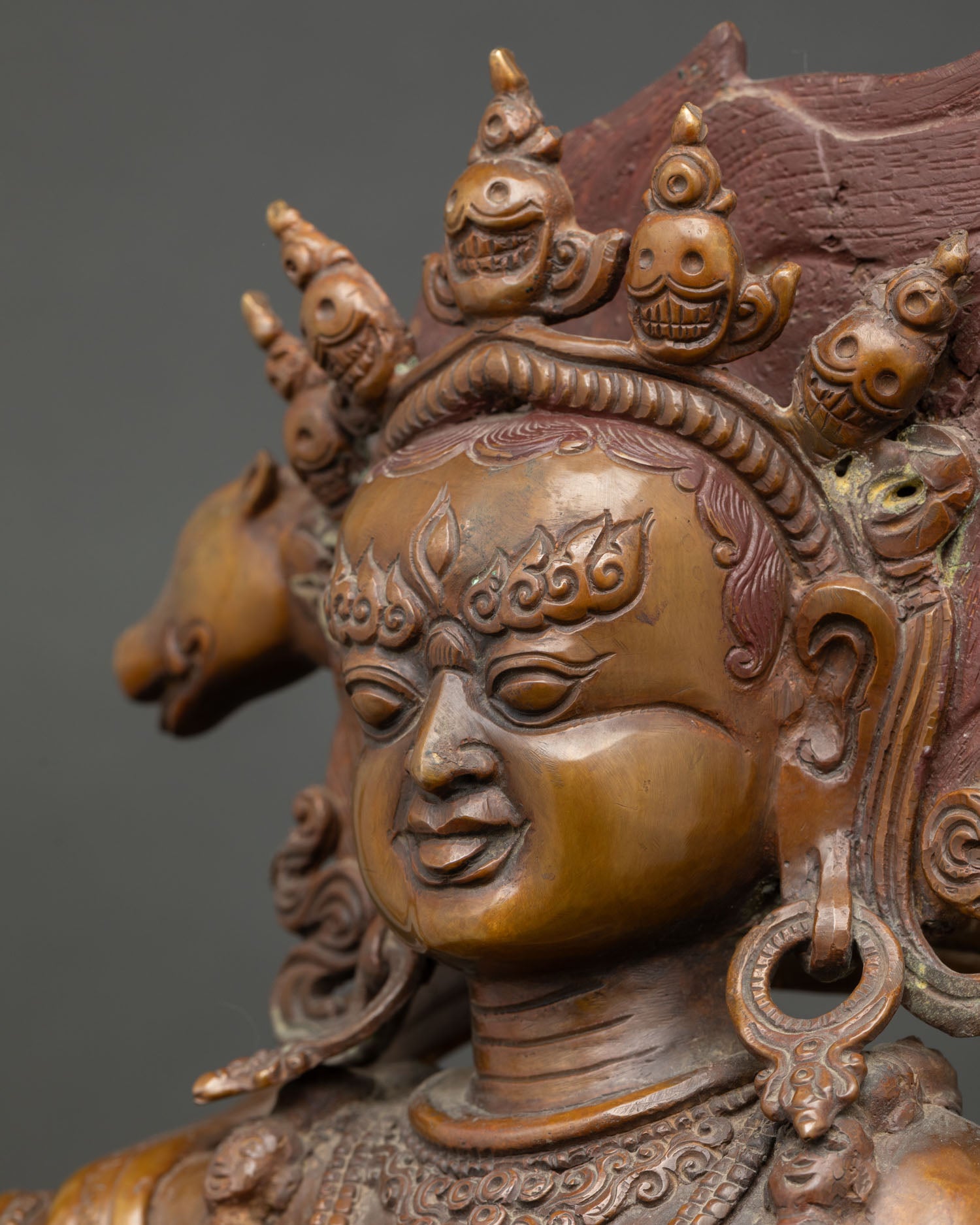Dorje Phagmo Statue detailed side close up with flaming halo and ritual attributes