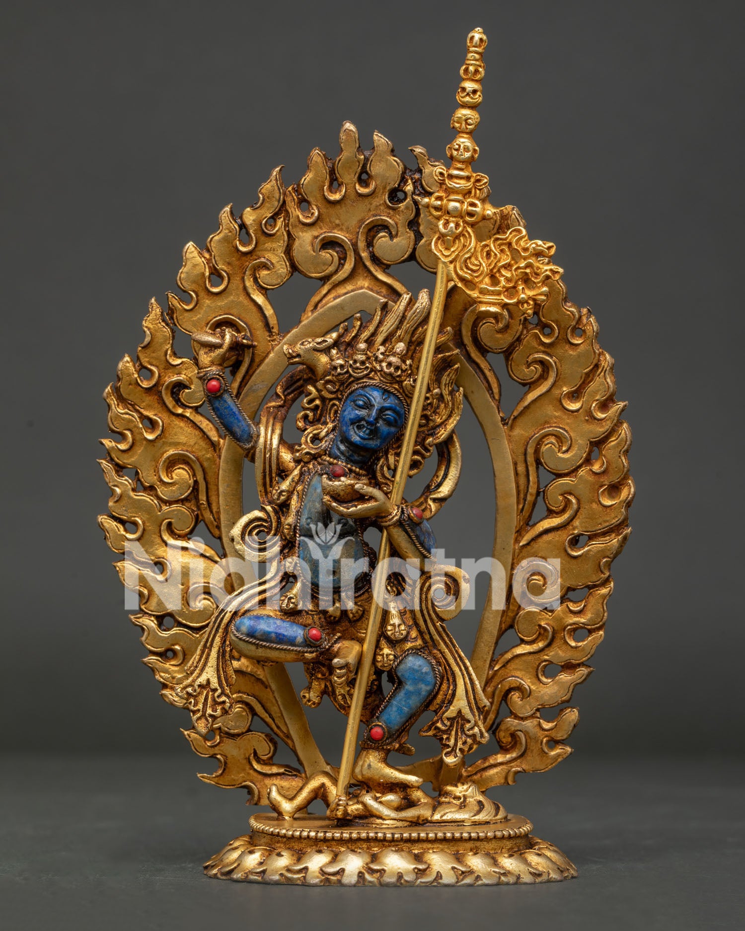Dorje Phagmo Statue front view with semi-precious lapis lazuli carving and 24K gold gilded details