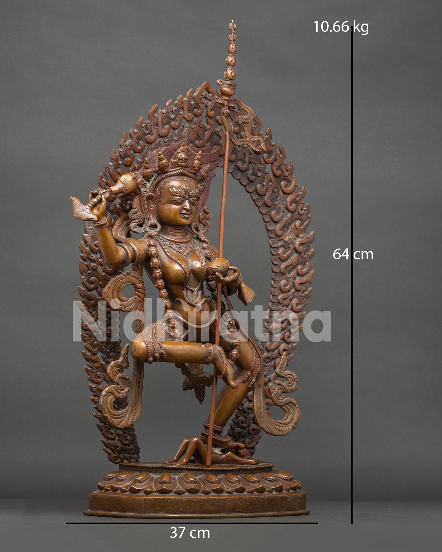 Dorje Phagmo Statue right view side showcasing copper craftsmanship and khatvanga staff