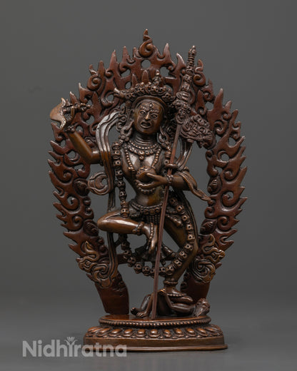 Dorje Phagmo Statue with Oxidized Copper Finish and Flaming Halo from Nepal
