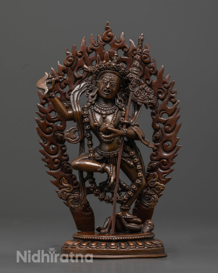 Dorje Phagmo Statue with Oxidized Copper Finish and Flaming Halo from Nepal