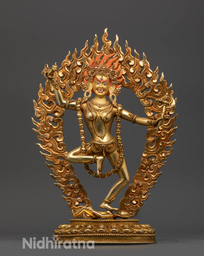 dorje phagmo statue front view with gold gilded face and fire gilded copper body
