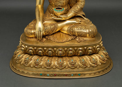 Double-lotus foundation seat, sacred motifs, turquoise stone inlay detail