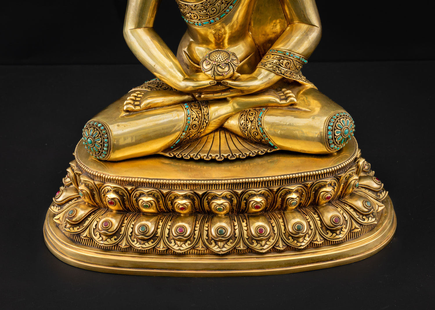 Double lotus pedestal close-up, gold fire-gilded copper with jewel inlays, Amitabha Buddha Nepal