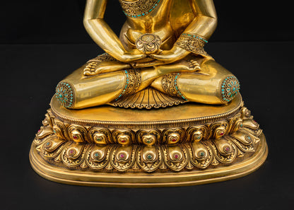 Double lotus pedestal close-up, gold fire-gilded copper with jewel inlays, Amitabha Buddha Nepal