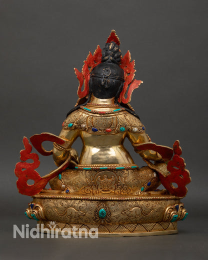 Dzambhala back view handmade Nepal sculpture detailed lotus base ritual jewelry spiritual wealth deity sacred altar statue