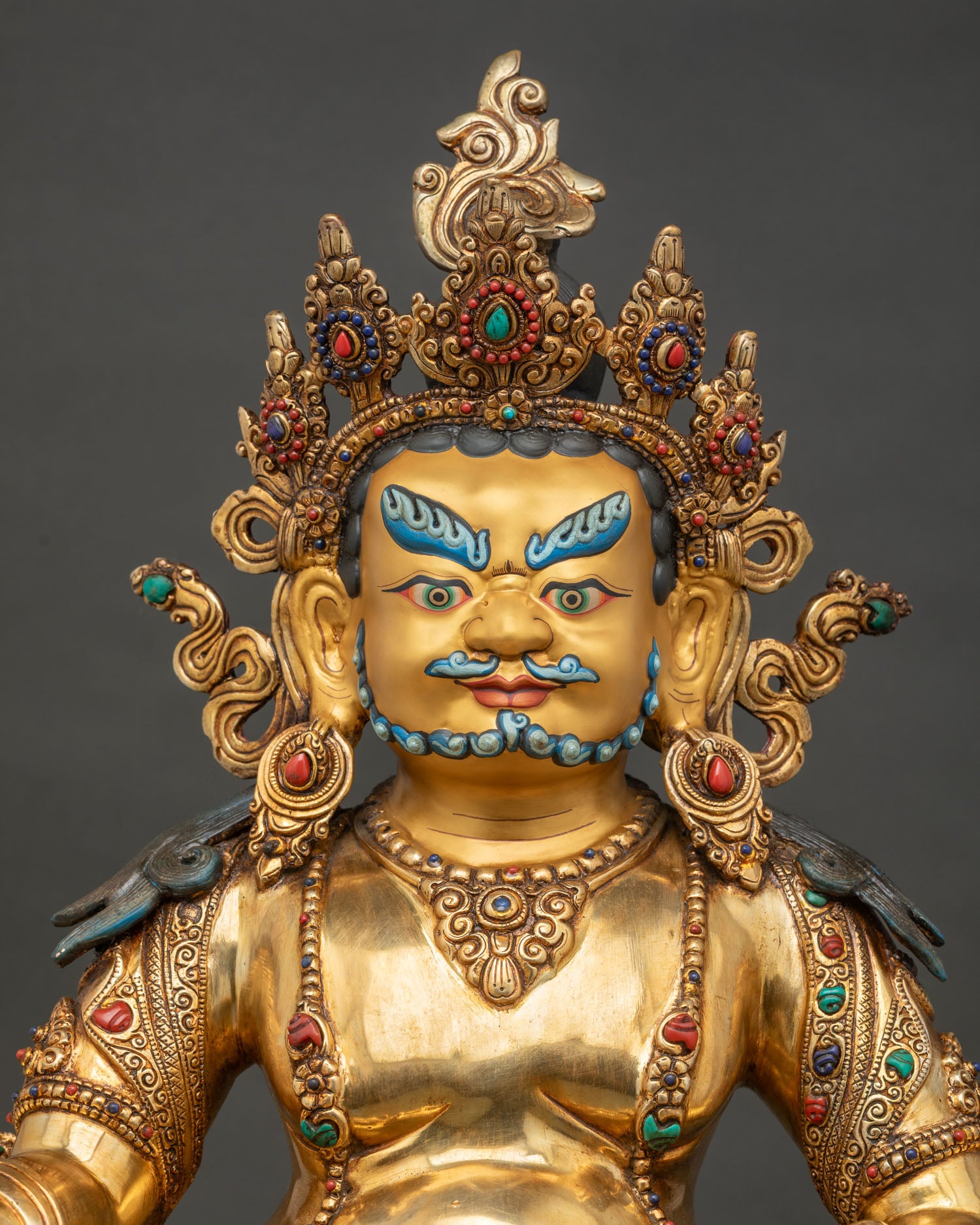 dzambhala buddhist deity statue copper gold fire gilded turquoise coral inlay