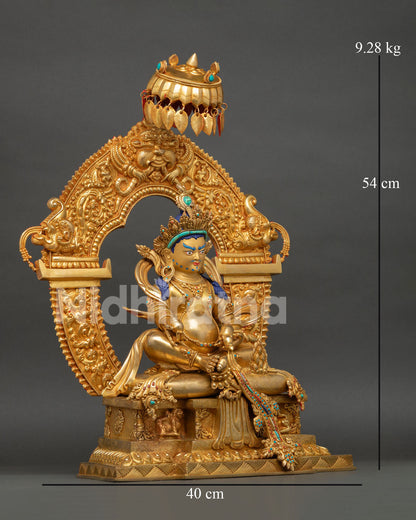Dzambhala Buddhist wealth deity statue seated on an intricate lion throne with Garuda halo and traditional Himalayan craftsmanship
