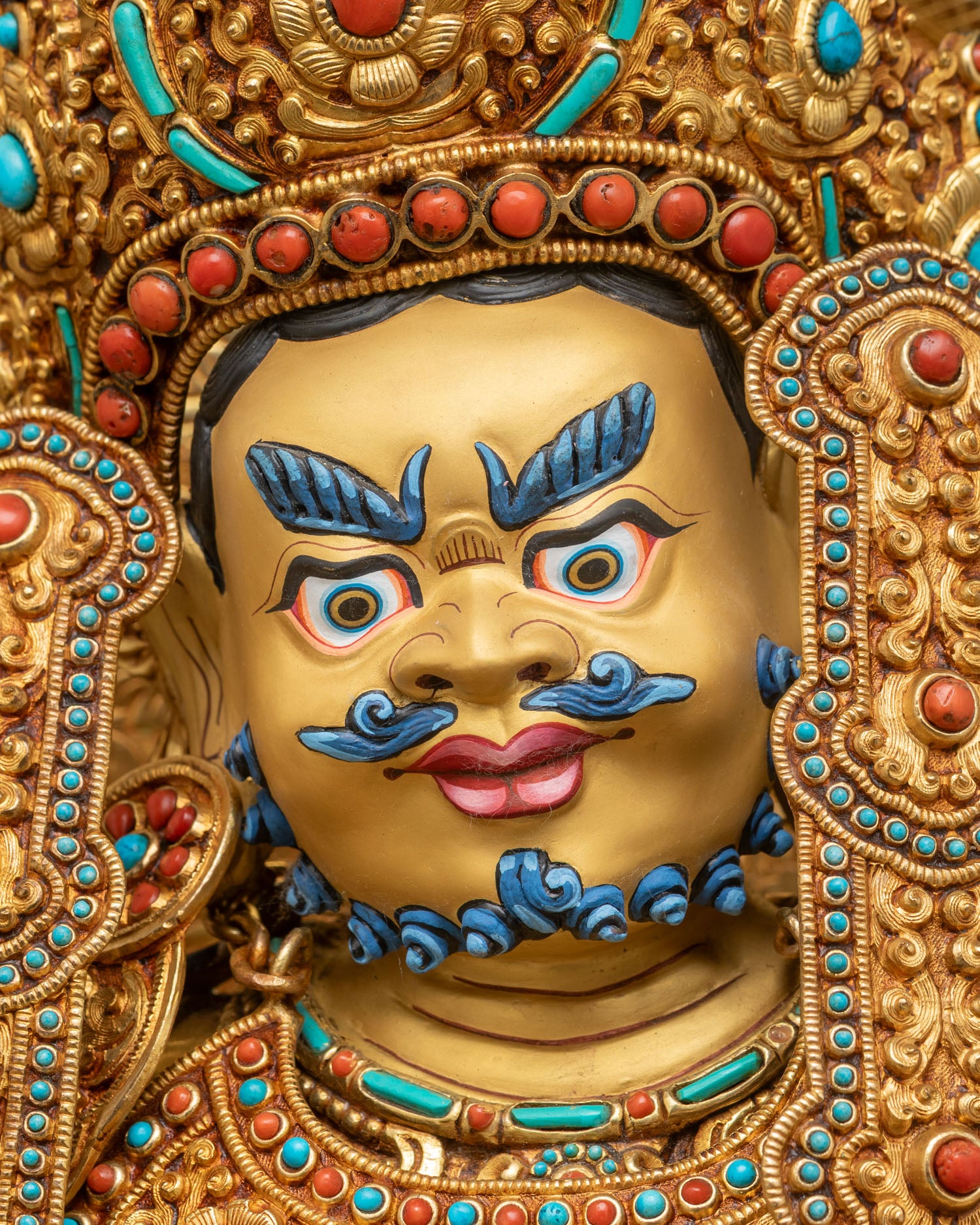 Dzambhala Face Close-Up Nepal Buddhist Statue Crown Blue Mustache Fierce Expression