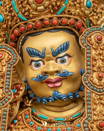 Dzambhala Face Close-Up Nepal Buddhist Statue Crown Blue Mustache Fierce Expression