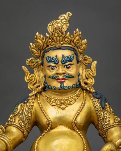Dzambhala gold-gilded statue front angle, handcrafted Wealth God sculpture with turquoise inlays