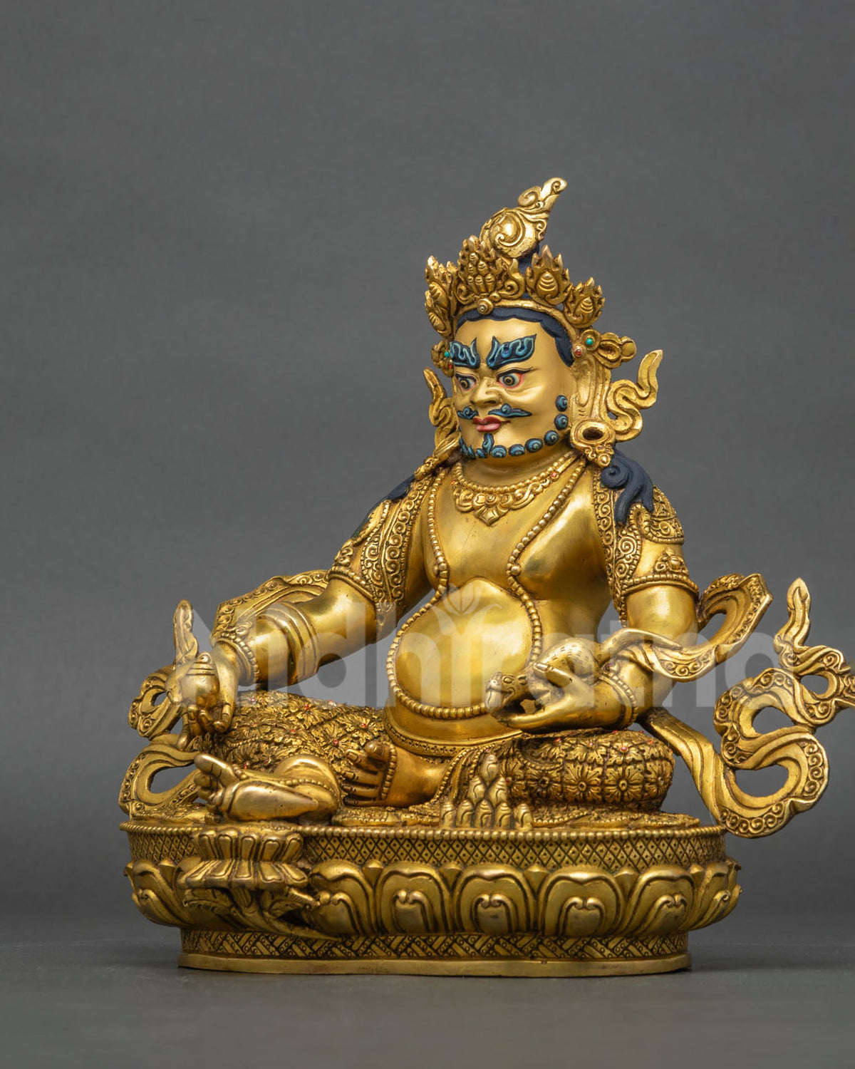 Dzambhala left side view, handcrafted Jambhala Buddhist sculpture with mongoose and citron details