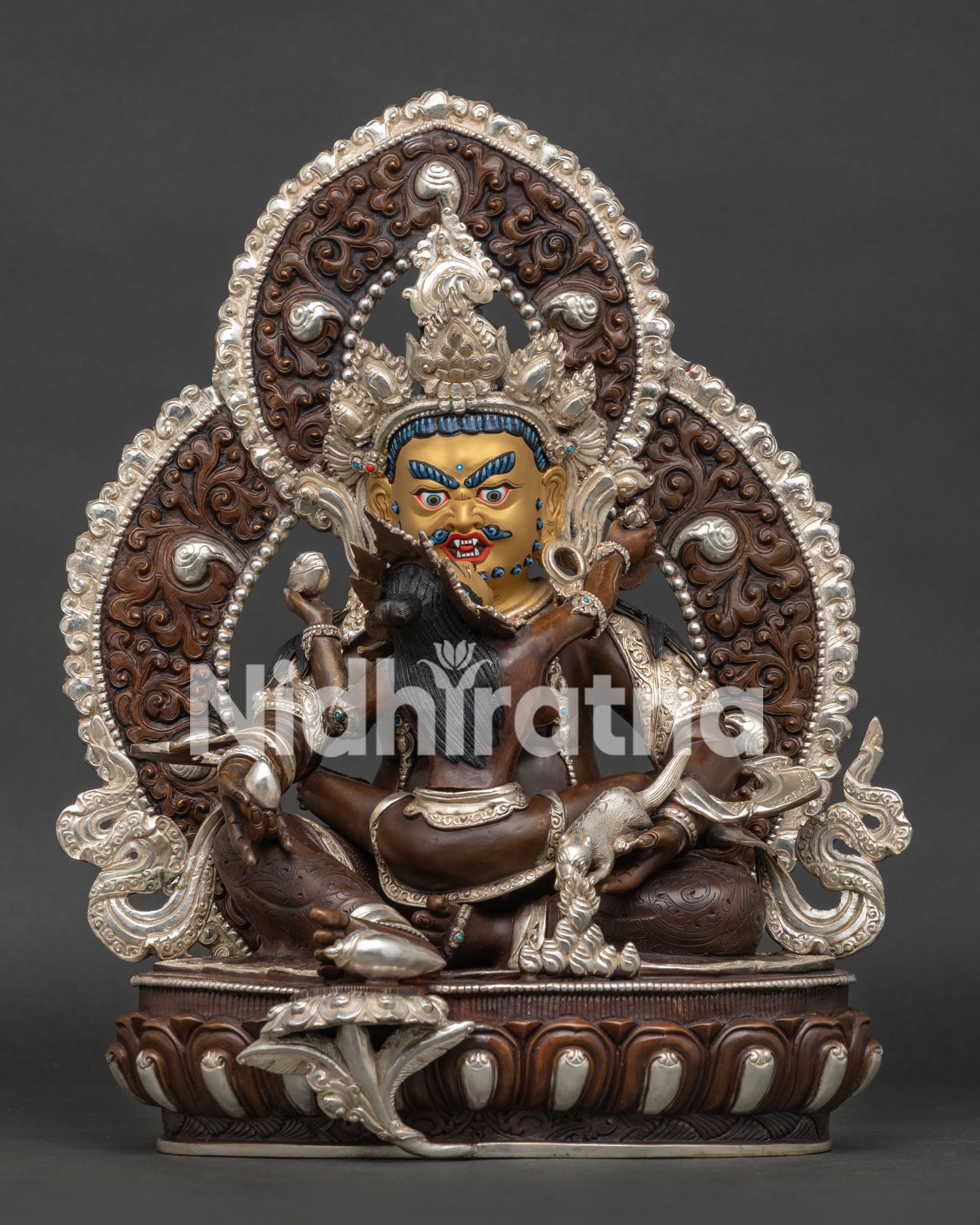 Dzambhala Marpo Statue front view, oxidized copper Buddhist wealth deity statue with silver plating