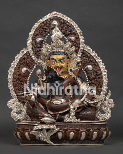 Dzambhala Marpo Statue front view, oxidized copper Buddhist wealth deity statue with silver plating