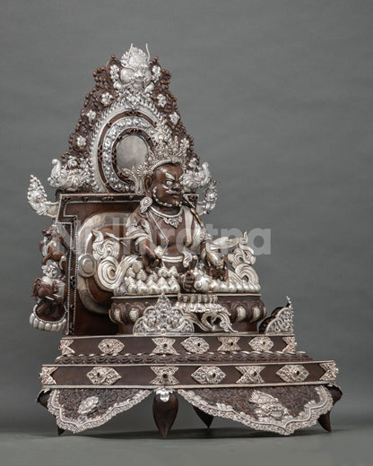 Dzambhala on Throne Buddhist Wealth Deity Statue with Oxidized Silver Plated Copper
