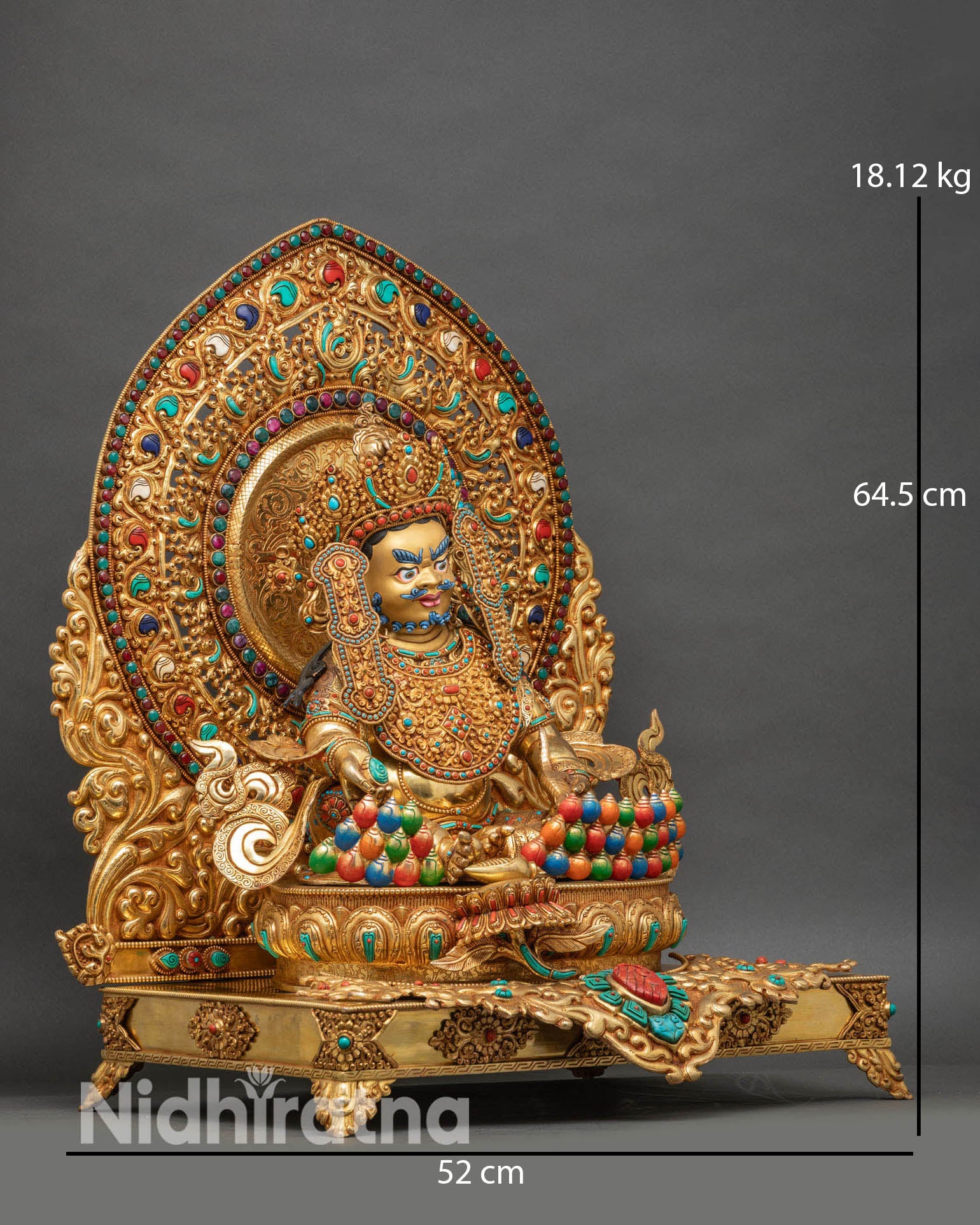 Dzambhala on Throne Side Profile View Nepal Buddhist Gold Copper Mandorla Halo