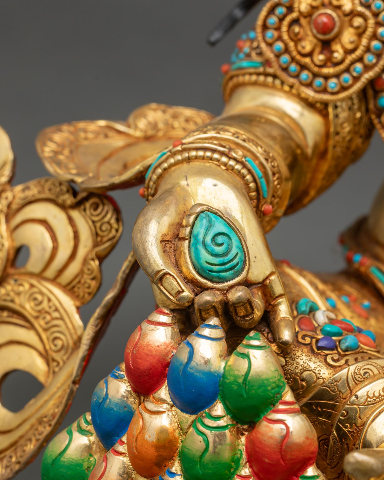 Dzambhala right side wealth jewel colorful enamel painted treasure vessels detail
