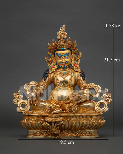 Dzambhala seated on ornate lotus throne holding citron fruit and jewel spitting mongoose.