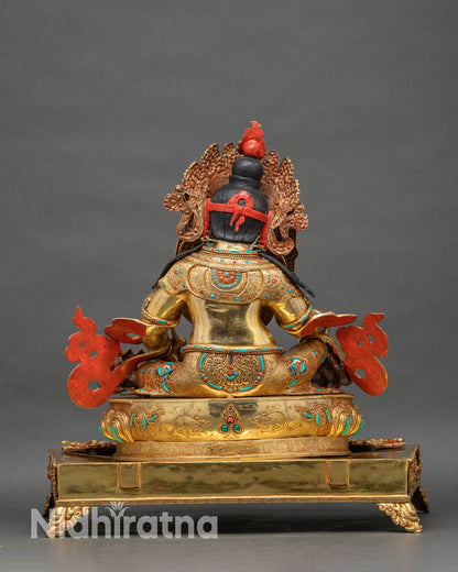 Dzambhala Seated Statue Front View Nepal Gilded Red Crown Gem Inlay Lotus Base