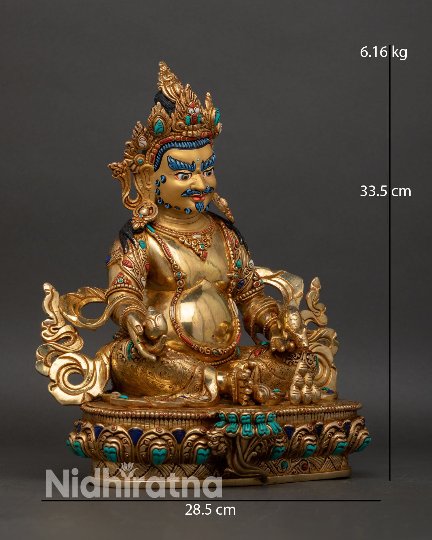Dzambhala side view copper statue gold fire gilded ornaments citron jewels mongoose prosperity symbolism Buddhist decor