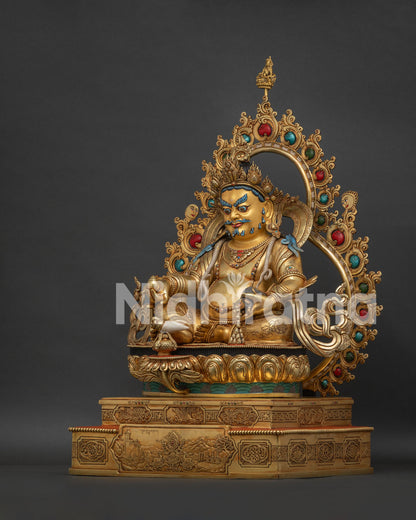 Dzambhala Statue angled view showing full copper alloy throne detail
