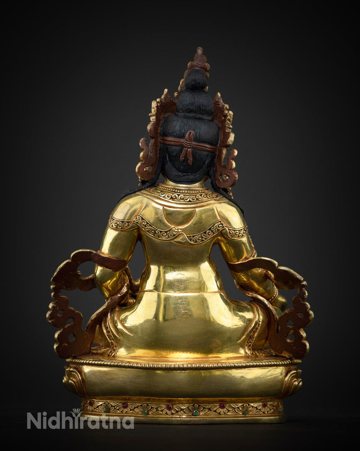 Dzambhala Statue back view, gold gilded copper detail, handcrafted Newari Buddhist sculpture