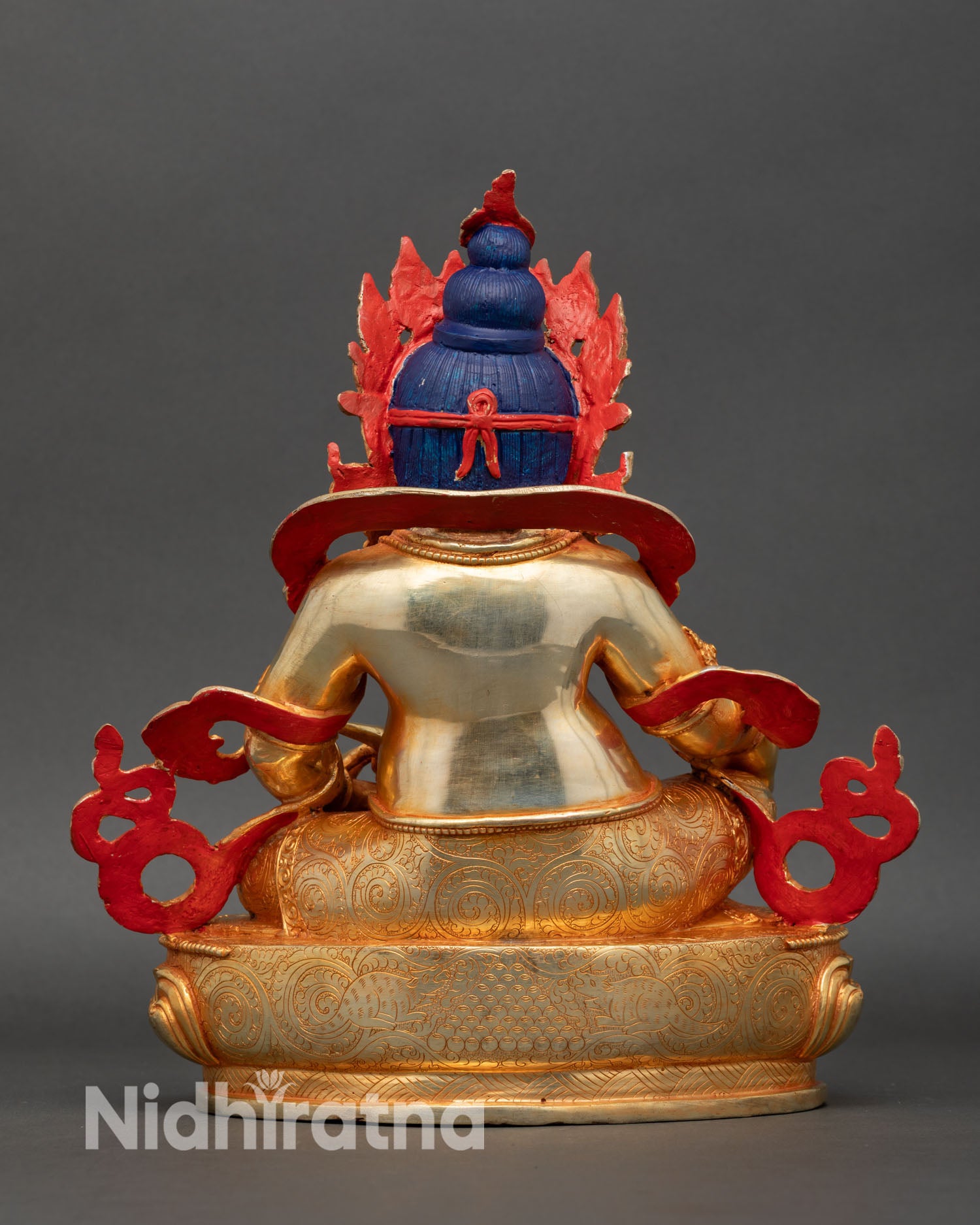 Dzambhala statue back view intricate carving copper gold fire gilded finish sacred altar decor abundance wealth statue