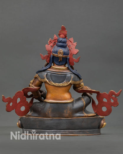 Dzambhala statue back view intricate carving oxidized copper sacred altar decor abundance prosperity meditation room wealth deity statue