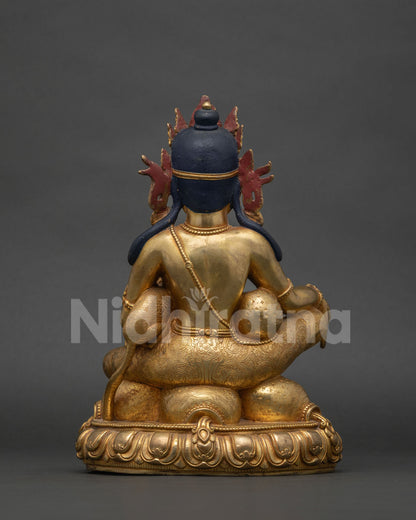 Dzambhala Statue back view showing crown, hair and lotus base detailing