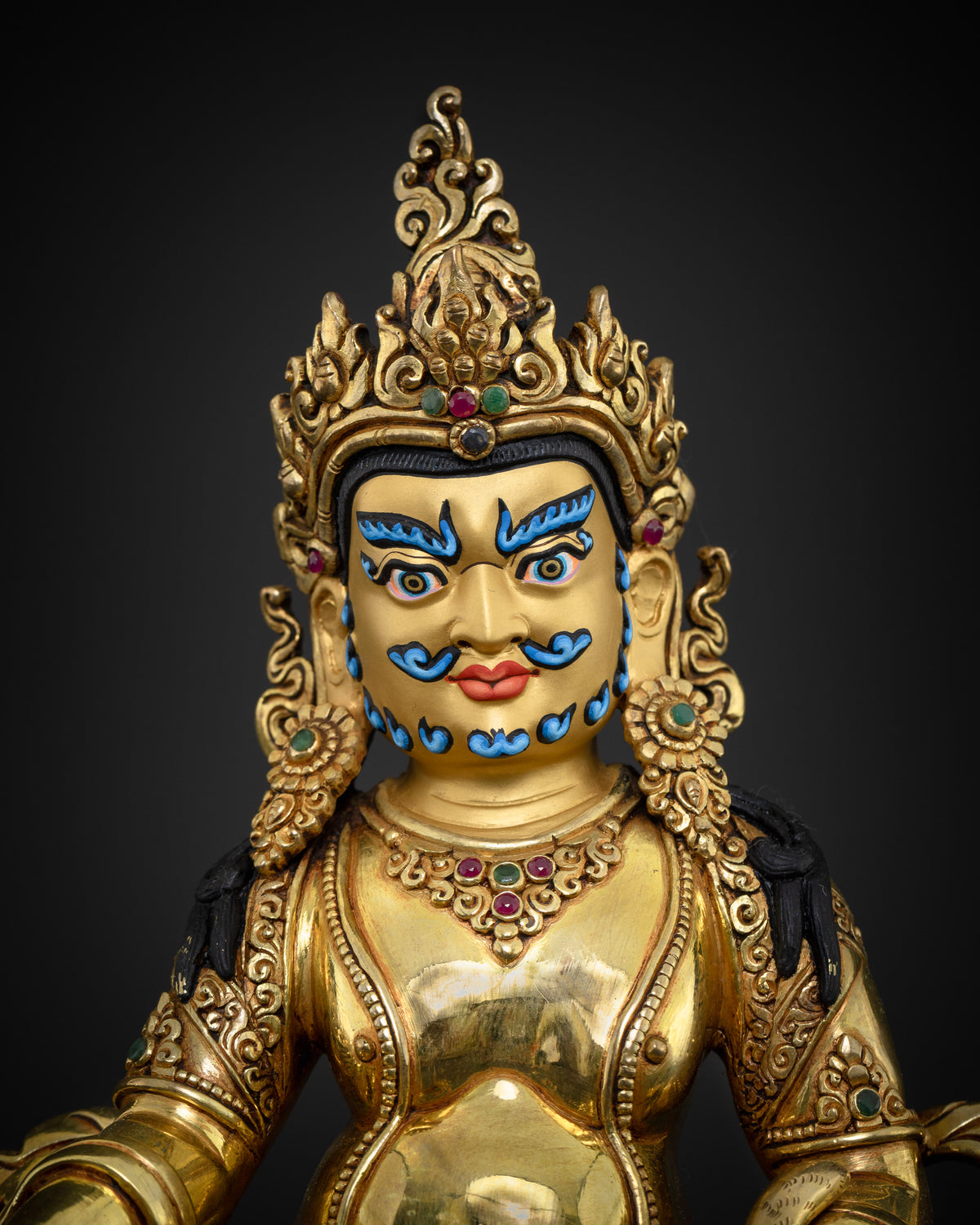 Dzambhala Statue close up, gold gilded copper detail, Newari handcrafted Buddhist sculpture