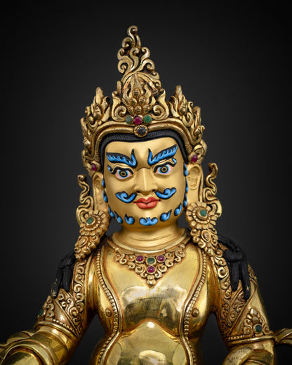 Dzambhala Statue close up, gold gilded copper detail, Newari handcrafted Buddhist sculpture