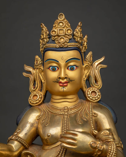 Dzambhala Statue close up view showing crown, jewelry and gold-painted face detail