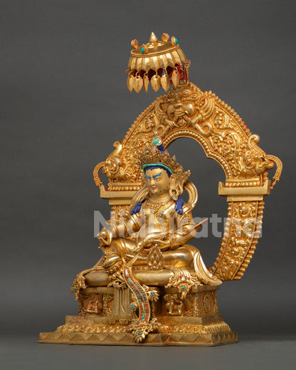 Dzambhala Statue featuring Garuda protector, kirtimukha guardian, floral motifs, and repoussé artwork
