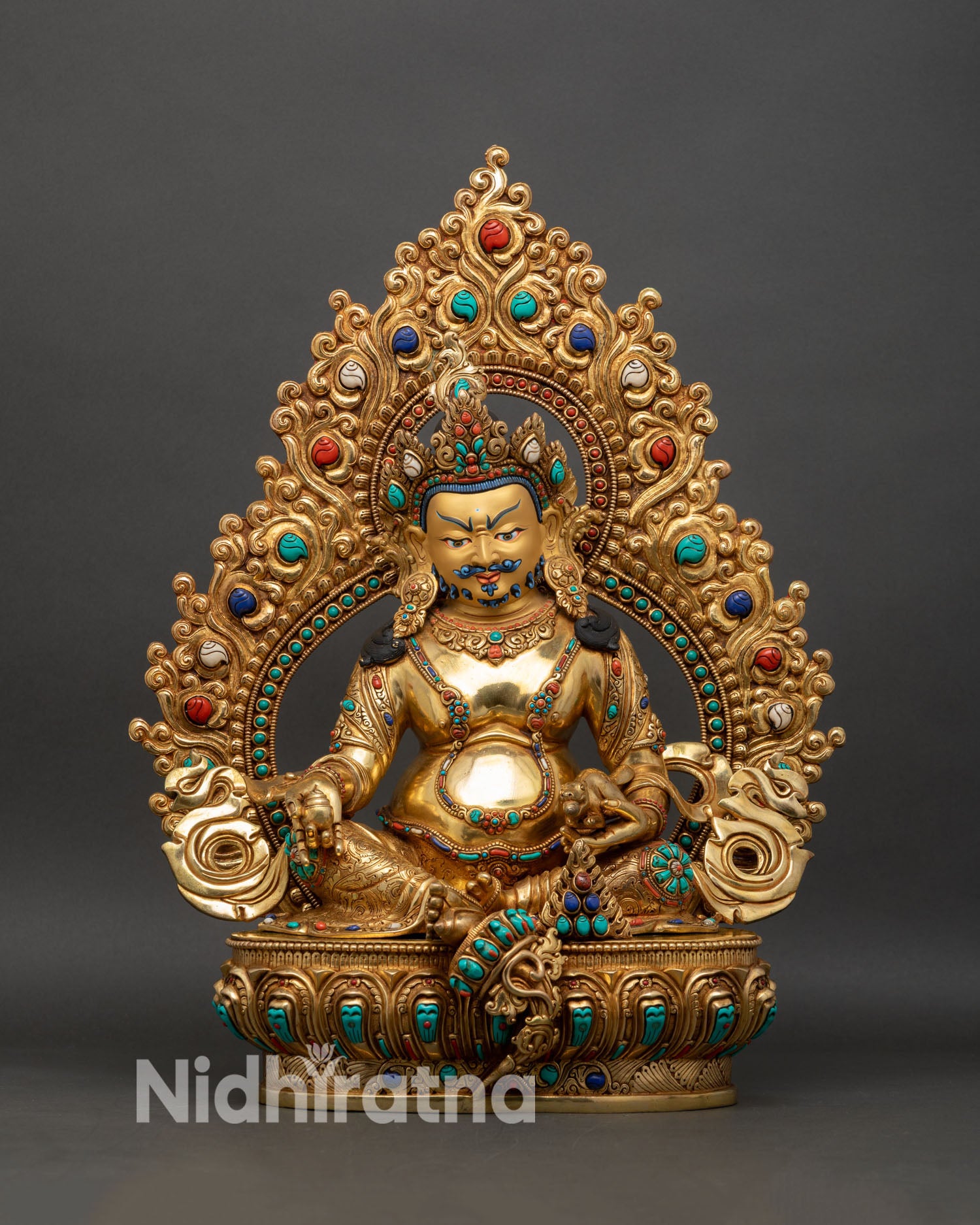 dzambhala statue front view, 24k gold gilded copper wealth deity from nepal