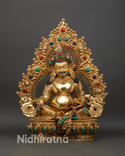 dzambhala statue front view, 24k gold gilded copper wealth deity from nepal