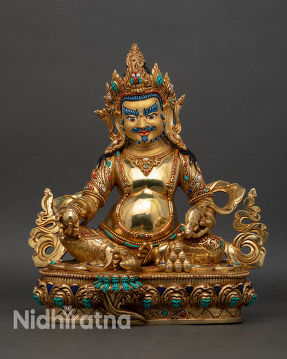 Dzambhala statue front view gold gilded copper wealth deity sculpture Nepal handmade Buddhist art lotus throne