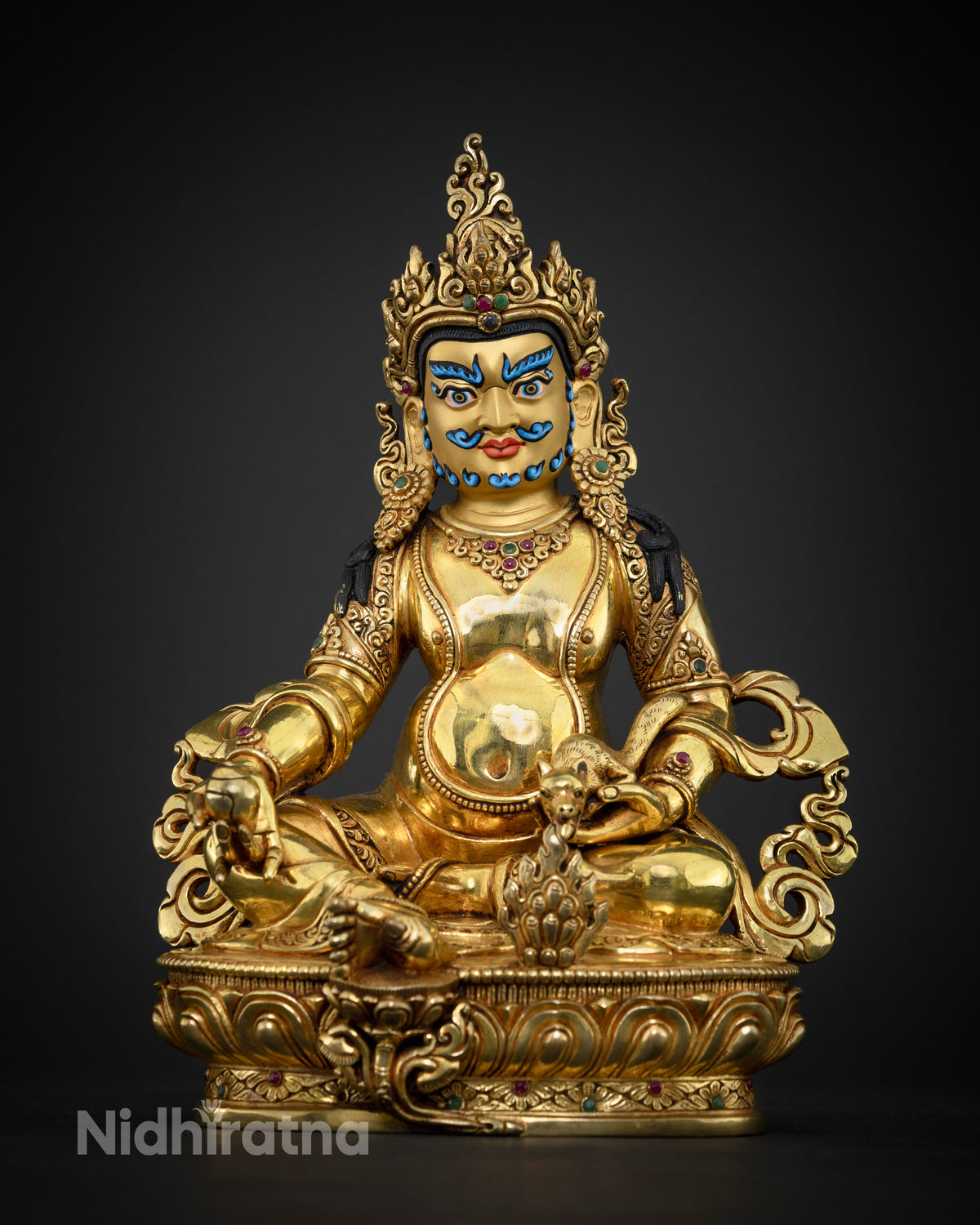 Dzambhala Statue front view, handcrafted 24K gold gilded copper wealth deity sculpture Nepal