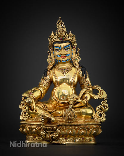 Dzambhala Statue front view, handcrafted 24K gold gilded copper wealth deity sculpture Nepal
