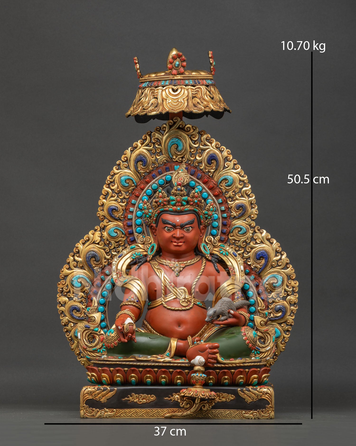 Dzambhala Statue front view – handcrafted copper Buddhist wealth deity from Nepal with gold gilding