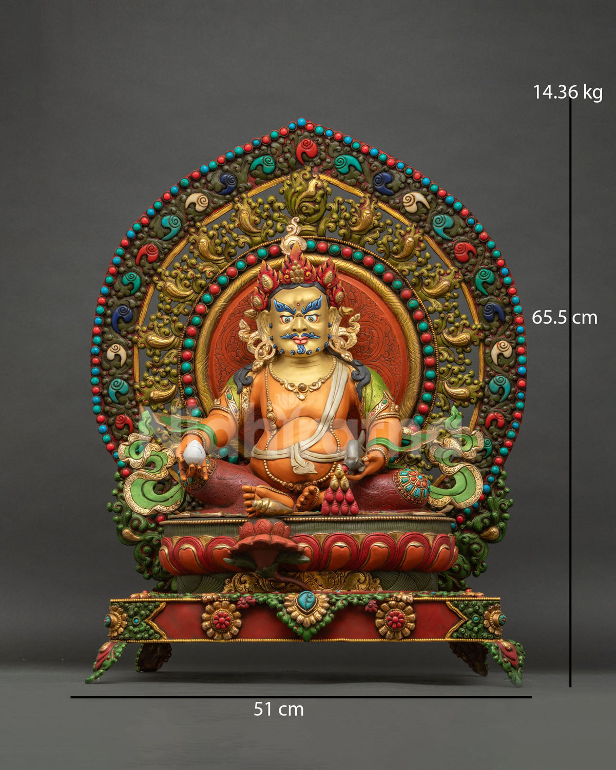 Dzambhala statue front view, handcrafted copper Buddhist wealth god sculpture from Nepal