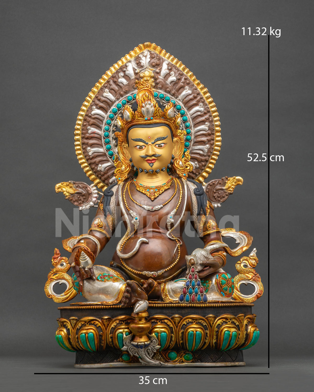 Dzambhala Statue front view, oxidized copper wealth deity with gold-gilded robes and silver accents